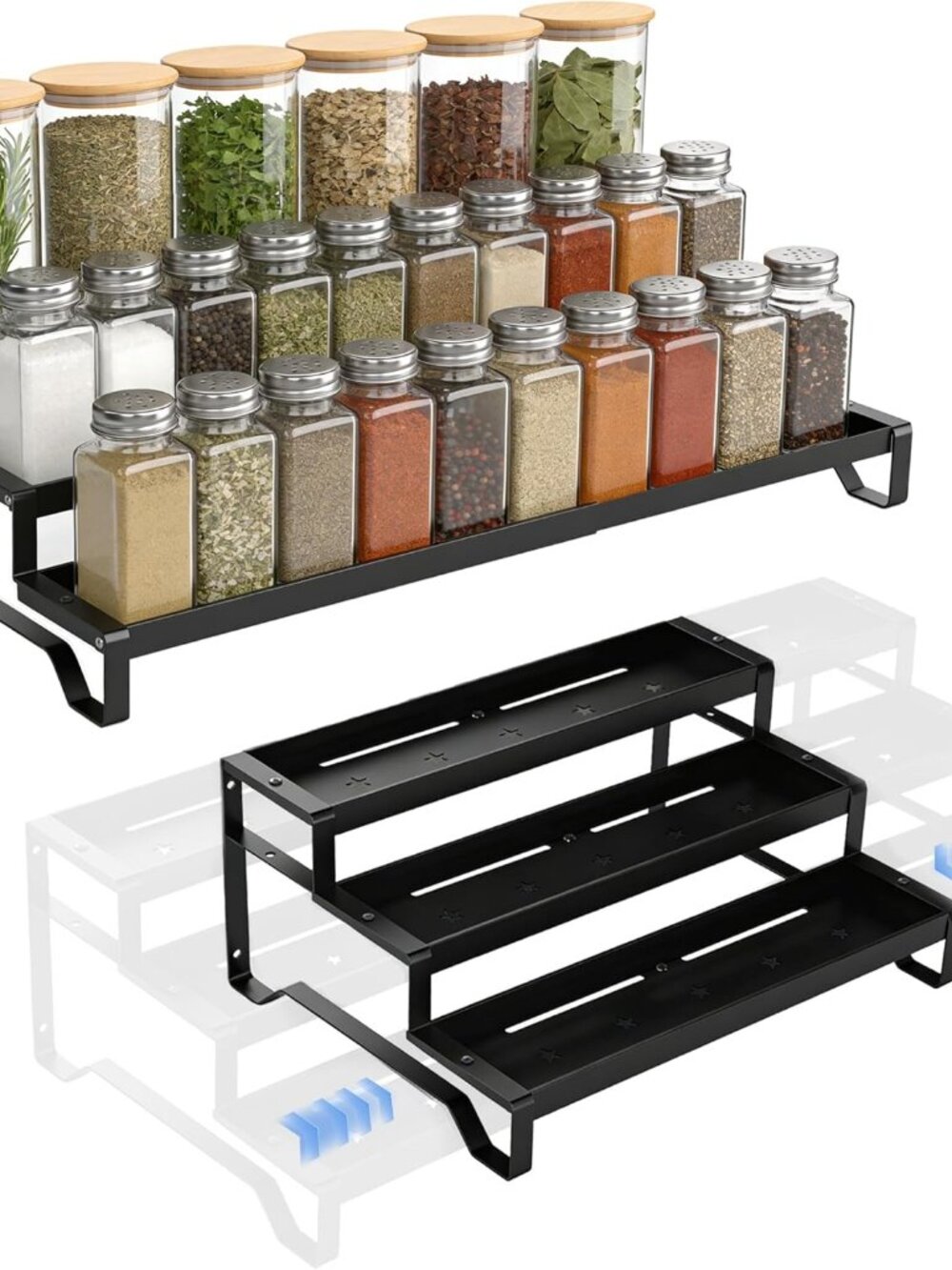 Expandable spice rack organizer 3 tier metal cabinet pantry shelf seasoning hold